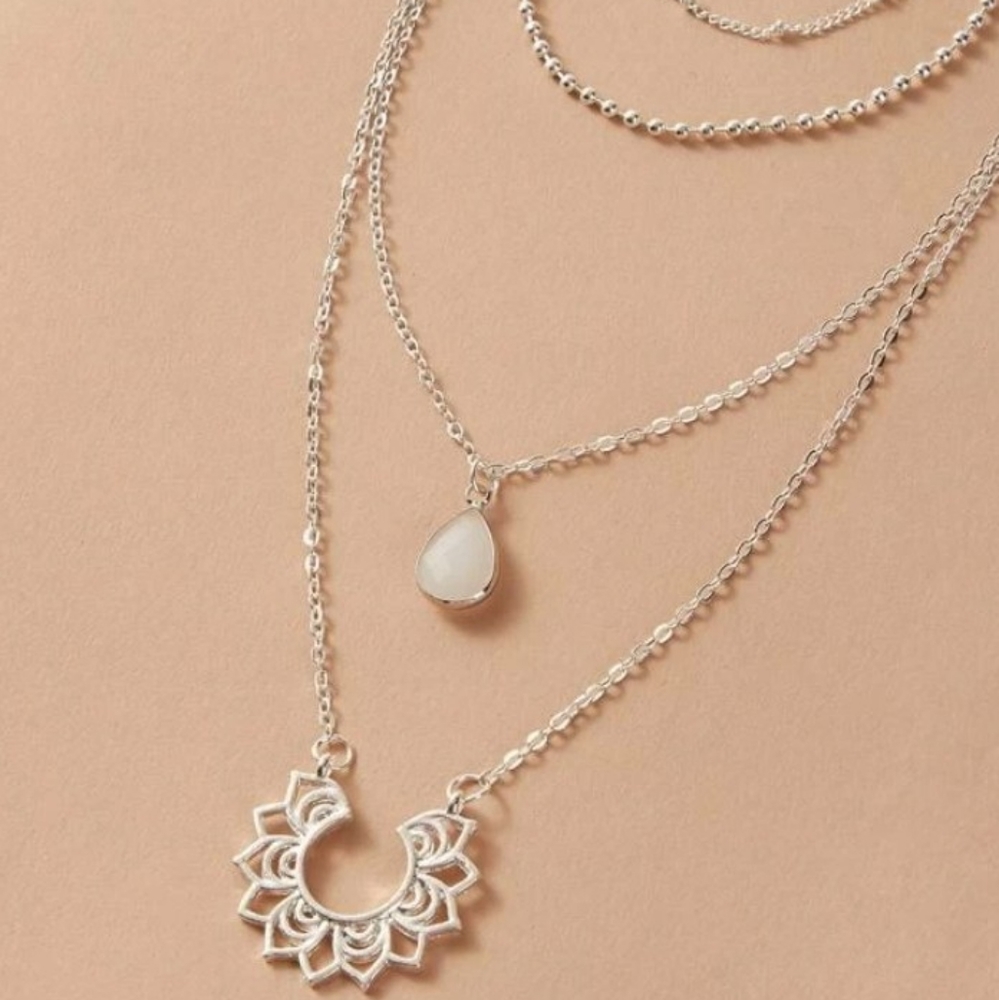 NEW Silver 2 pc Layered Lotus Water Drop Necklace - Picture 8 of 8